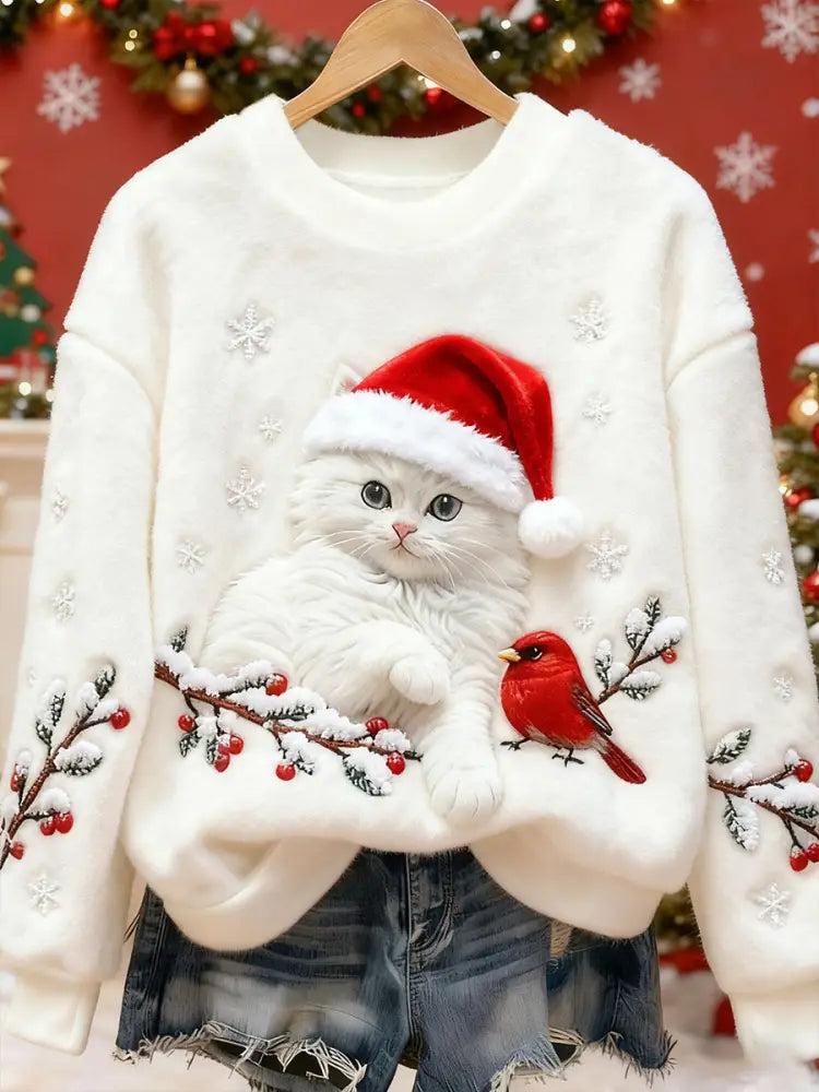 Women’s Cute Christmas Cat Art Print Casual Flannel Sweatshirt White / S