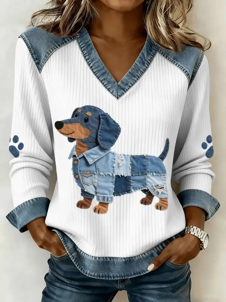 Women’s Cute Dachshund Pattern Denim Patchwork Art V-Neck Top White / S