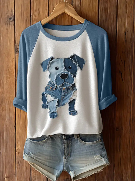Women’s Cute Dog Patchwork Art Long Sleeve T-Shirt Blue / S