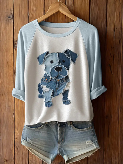 Women’s Cute Dog Patchwork Art Long Sleeve T-Shirt Light Blue / S