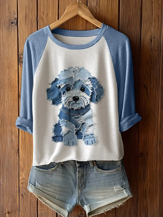 Women’s Cute Dog Patchwork Art Long Sleeve T-Shirto Light Blue / S