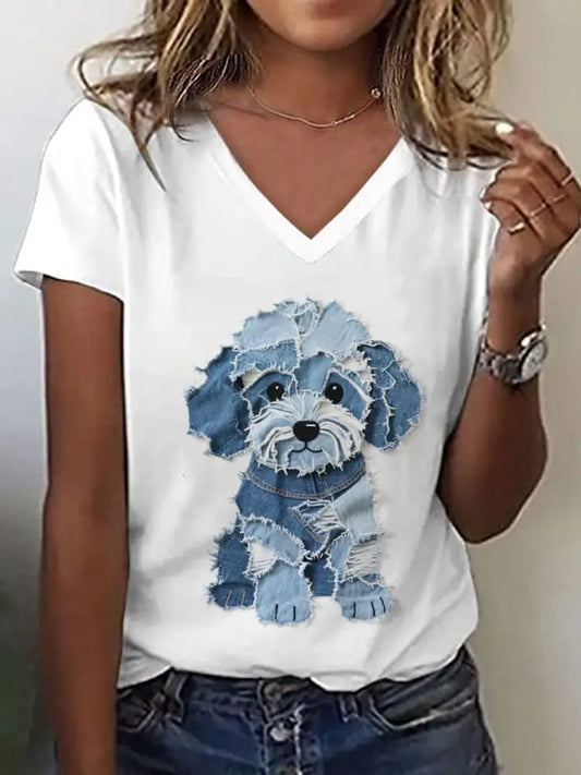 Women’s Cute Dog Patchwork Art V-Neck T-Shirt White / S