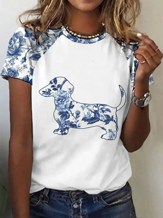 Women’s Dachshund Floral Print T-Shirt White / S
