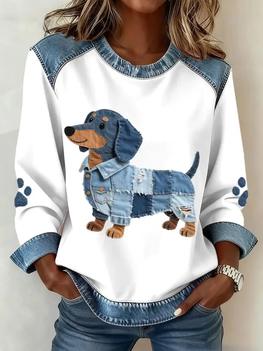 Women’s Dachshund Pattern Denim Patchwork Art Sweatshirt White / S