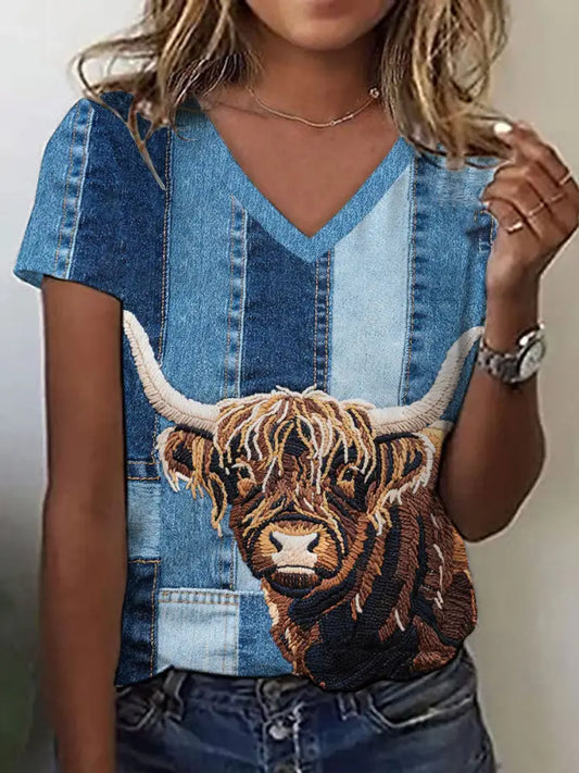 Women’s Denim Highland Cow T-shirt Blue / S