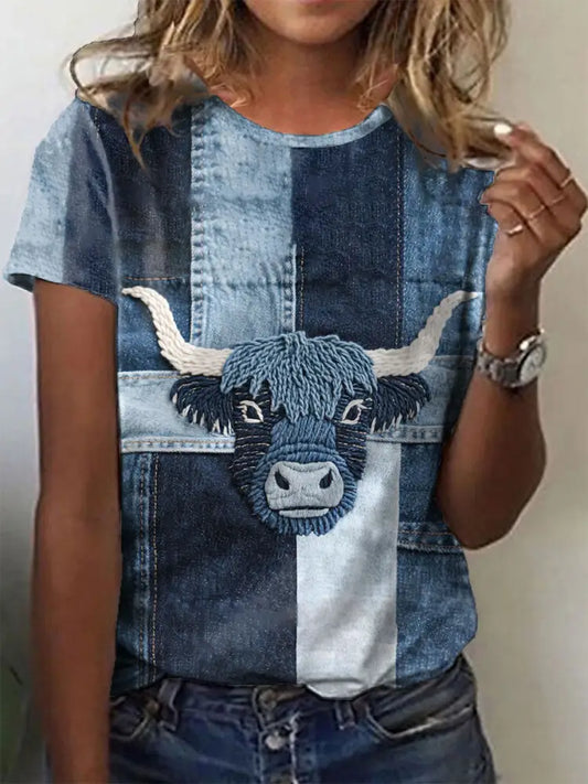 Women’s Denim Highland Cow T-shirt Blue / S