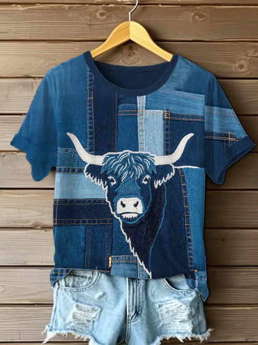 Women’s Denim Highland Cow T-shirt Blue / S