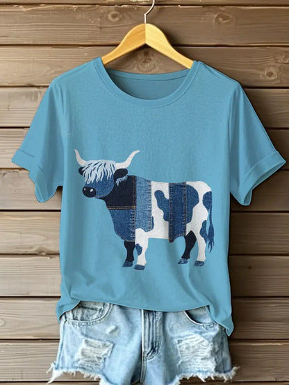 Women’s Denim Highland Cow T-shirt Light Blue / S