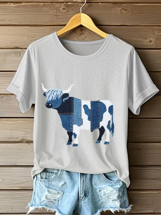 Women’s Denim Highland Cow T-shirt Light Gray / S