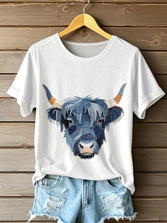 Women’s Denim Highland Cow T-shirt White / S