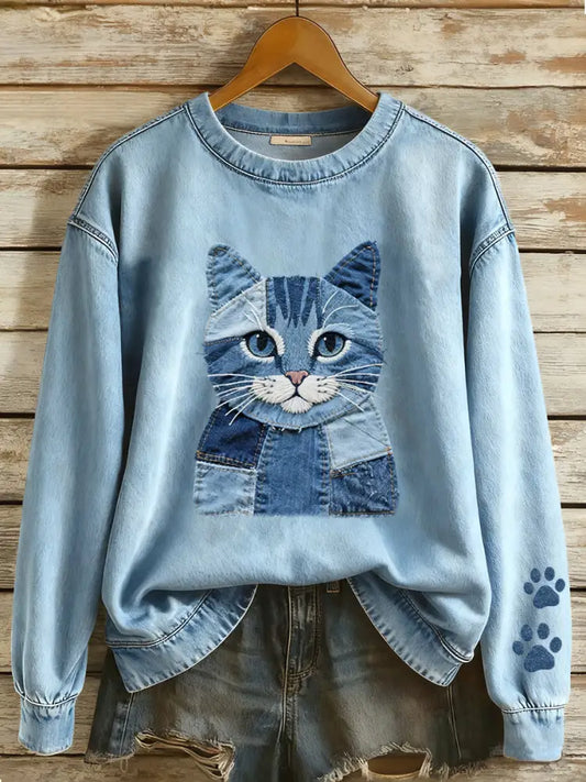 Women’s Denim Patchwork Art Cat Pattern Sweatshirt Blue / S