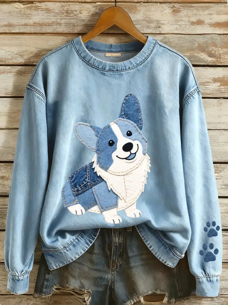 Women’s Denim Patchwork Art Corgi Pattern Sweatshirt Blue / S