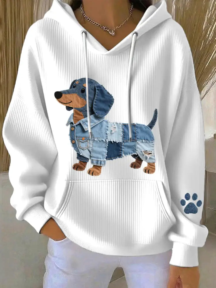 Women’s Denim Patchwork Art Dachshund Pattern Hoodie White / S