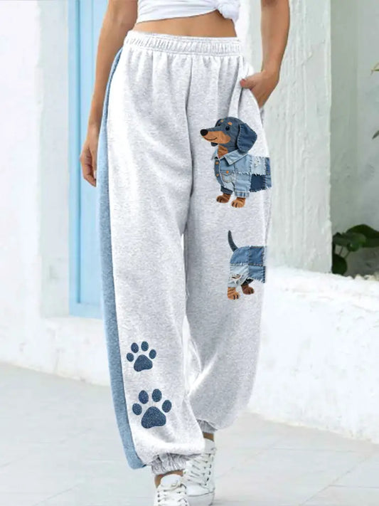 Women’s Denim Patchwork Art Dachshund Pattern Pants As picture / S