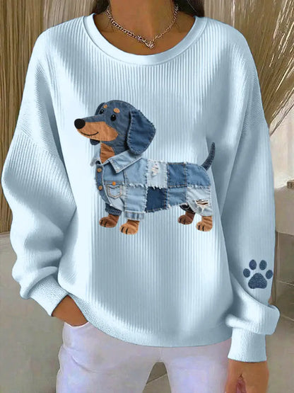 Women’s Denim Patchwork Art Dachshund Pattern Sweatshirt Light Blue / S