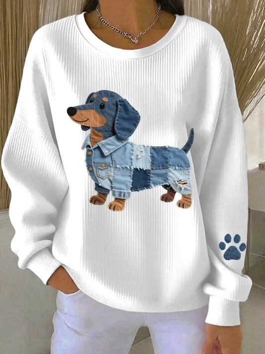 Women’s Denim Patchwork Art Dachshund Pattern Sweatshirt White / S