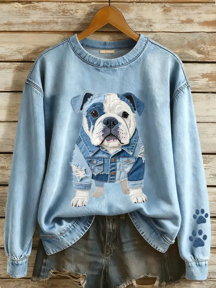 Women’s Denim Patchwork Art French Bulldog Pattern Sweatshirt Blue / S