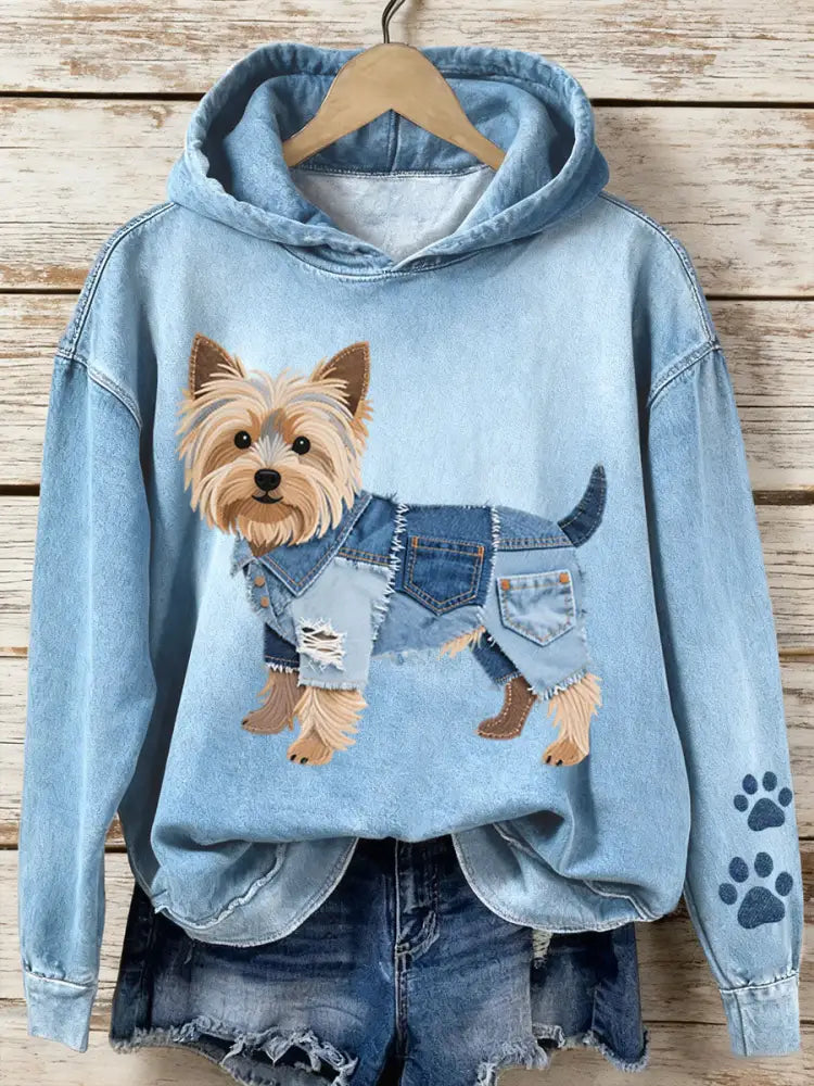 Women’s Denim Patchwork Art Yorkshire Terrier Dog Pattern Hoodie Blue / S