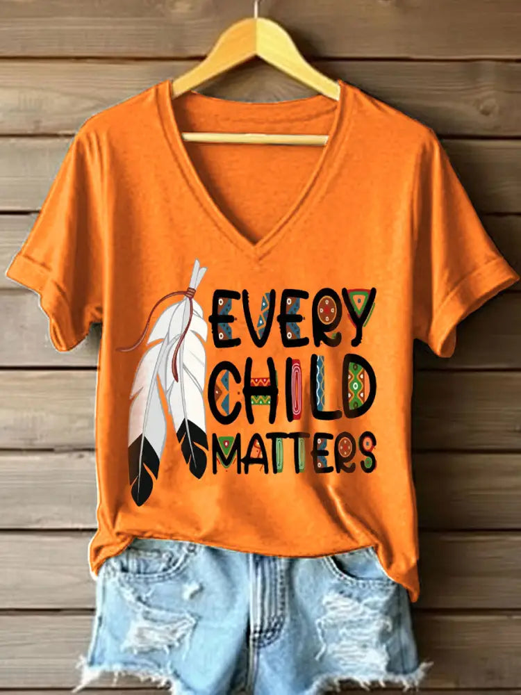 Women’s Every Child Matters Feather Print V-Neck T-Shirt Orange / S