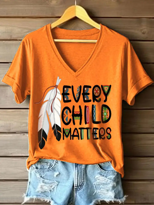 Women’s Every Child Matters Feather Print V-Neck T-Shirt Orange / S