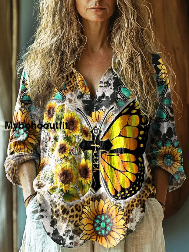 Women’s Faith Butterfly Sunflower Art Print Casual Linen V-Neck Shirt Multicolor / S