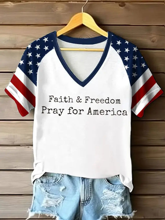 Women’s Faith Freedom Pray For America Printed T-shirt White / S
