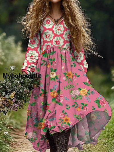 Women’s Fashion Art Floral Print V-Neck Long Sleeve Dress A / S