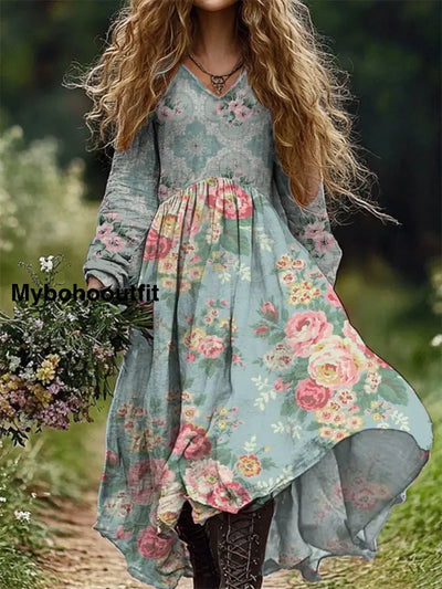 Women’s Fashion Art Floral Print V-Neck Long Sleeve Dress A / S