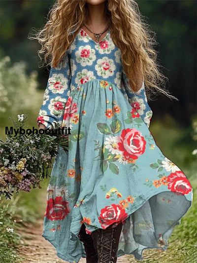 Women’s Fashion Art Floral Print V-Neck Long Sleeve Dress A / S