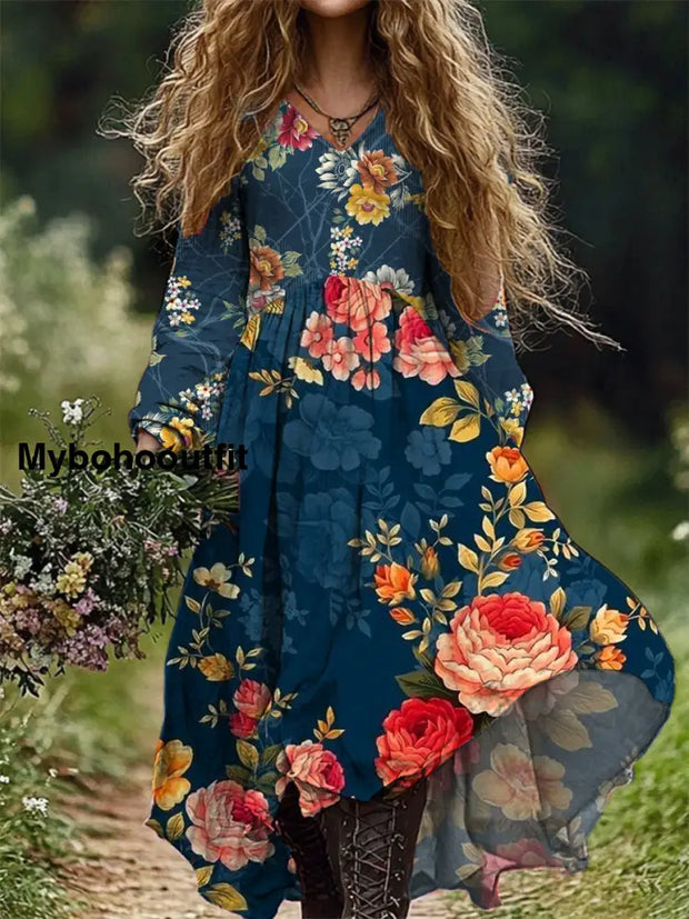 Women’s Fashion Art Floral Print V-Neck Long Sleeve Dress A / S