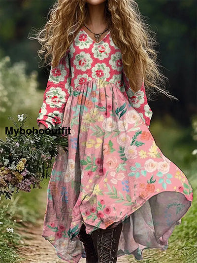 Women’s Fashion Art Floral Print V-Neck Long Sleeve Dress A / S