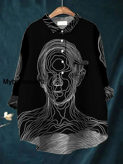 Women’s Fashion Elegant Abstract Line Art Print V-Neck Button Pocket Long Sleeve Shirt Tops A / S