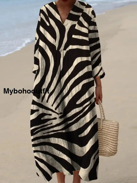 Women’s Fashion Elegant Abstract Line Art Print V Neck Three Quarter Sleeve Maxi Dress A / S
