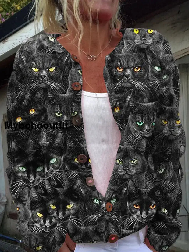 Women’s Fashion Elegant Animal Art Cat Print Button Long Sleeve Sweater Cardigan A / S