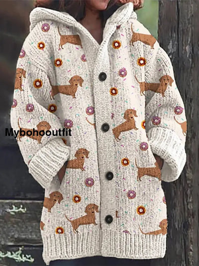 Women’s Fashion Elegant Animal Art Print Hooded Long Sleeve Button Cardigan Sweater A / S