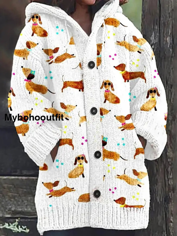 Women’s Fashion Elegant Animal Art Print Hooded Long Sleeve Button Cardigan Sweater A / S