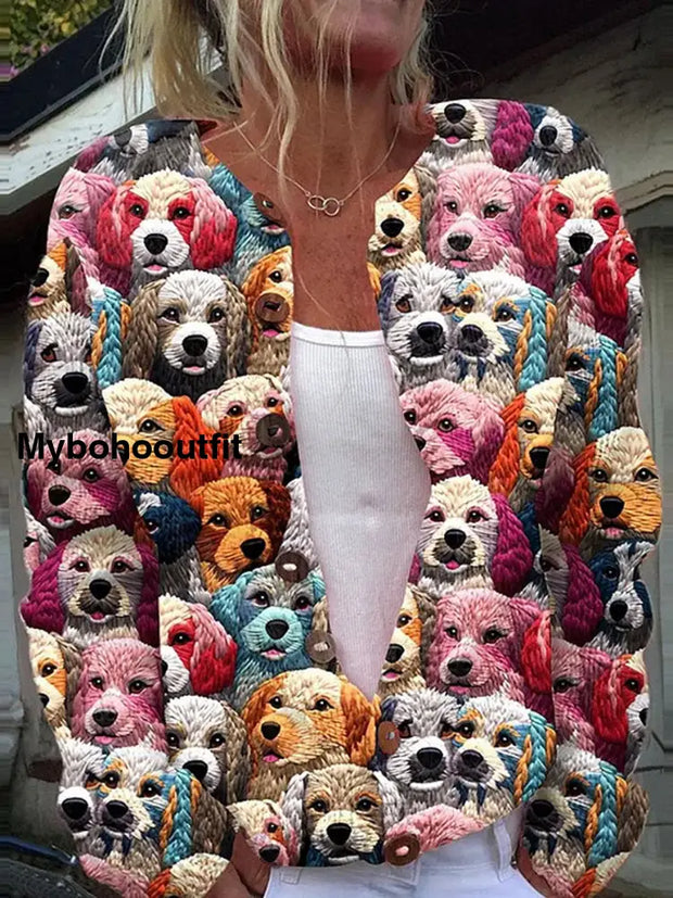 Women’s Fashion Elegant Animal Art Puppy Print Button Long Sleeve Sweater Cardigan A / S