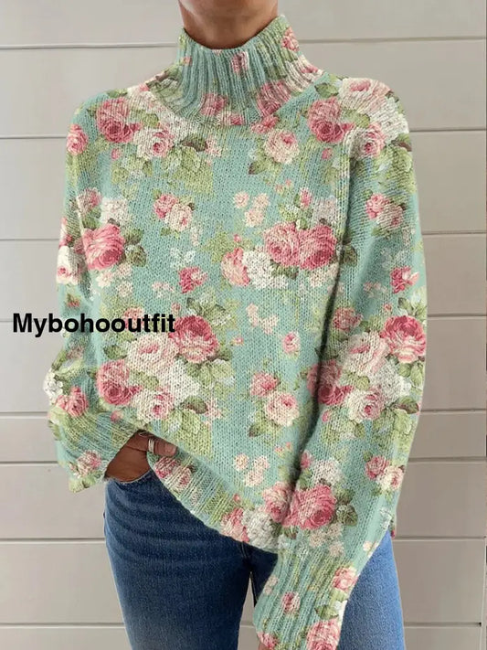 Women’s Fashion Elegant Art Floral Print Long Sleeve Turtleneck Sweater A / S
