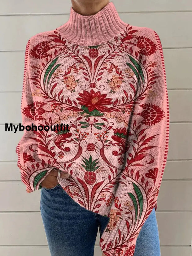 Women’s Fashion Elegant Art Floral Print Long Sleeve Turtleneck Sweater A / S