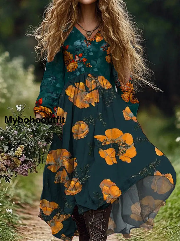 Women’s Fashion Elegant Art Floral Print Long Sleeve V Neck Dress A / S