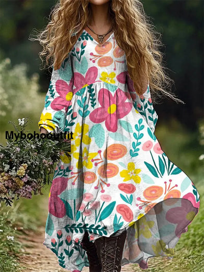 Women’s Fashion Elegant Art Floral Print Long Sleeve V Neck Dress A / S