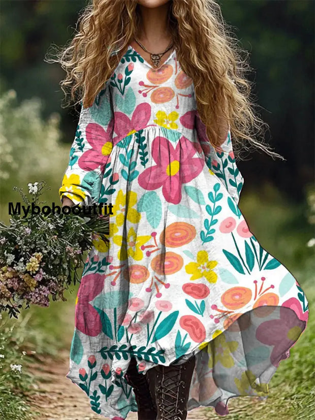 Women’s Fashion Elegant Art Floral Print Long Sleeve V Neck Dress A / S