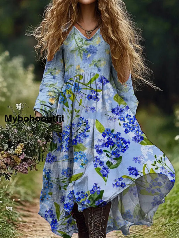 Women’s Fashion Elegant Art Floral Print Long Sleeve V Neck Dress A / S