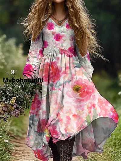 Women’s Fashion Elegant Art Floral Print Long Sleeve V Neck Dress A / S