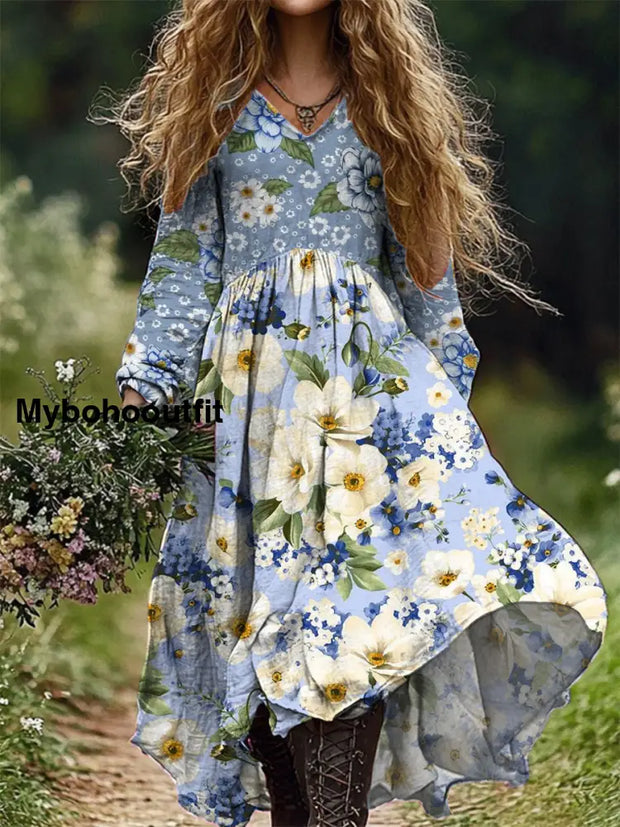 Women’s Fashion Elegant Art Floral Print Long Sleeve V Neck Dress A / S