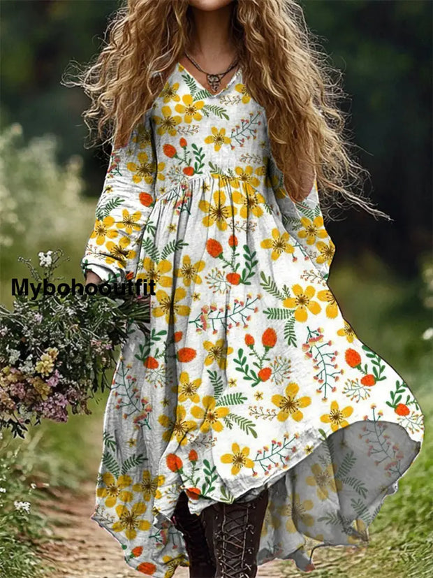 Women’s Fashion Elegant Art Floral Print Long Sleeve V Neck Dress A / S