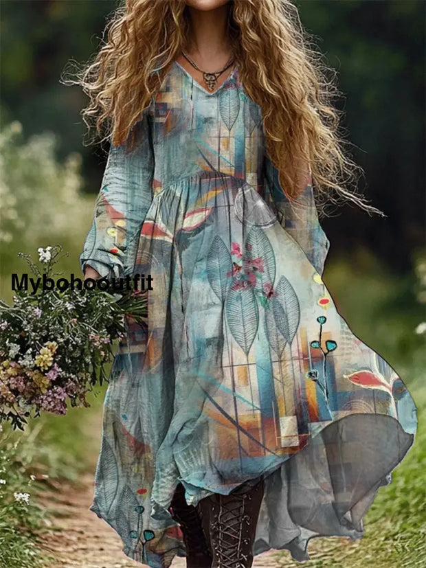 Women’s Fashion Elegant Art Floral Print Long-Sleeved V-Neck Long Dress A / S