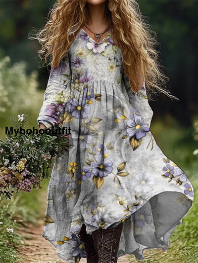 Women’s Fashion Elegant Art Floral Print Long-Sleeved V-Neck Long Dress A / S