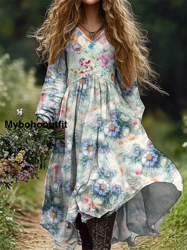 Women’s Fashion Elegant Art Floral Print Long-Sleeved V-Neck Long Dress A / S