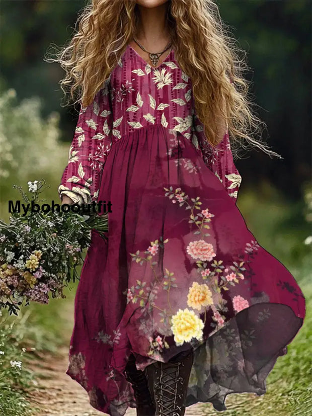 Women’s Fashion Elegant Art Floral Print Long-Sleeved V-Neck Long Dress A / S